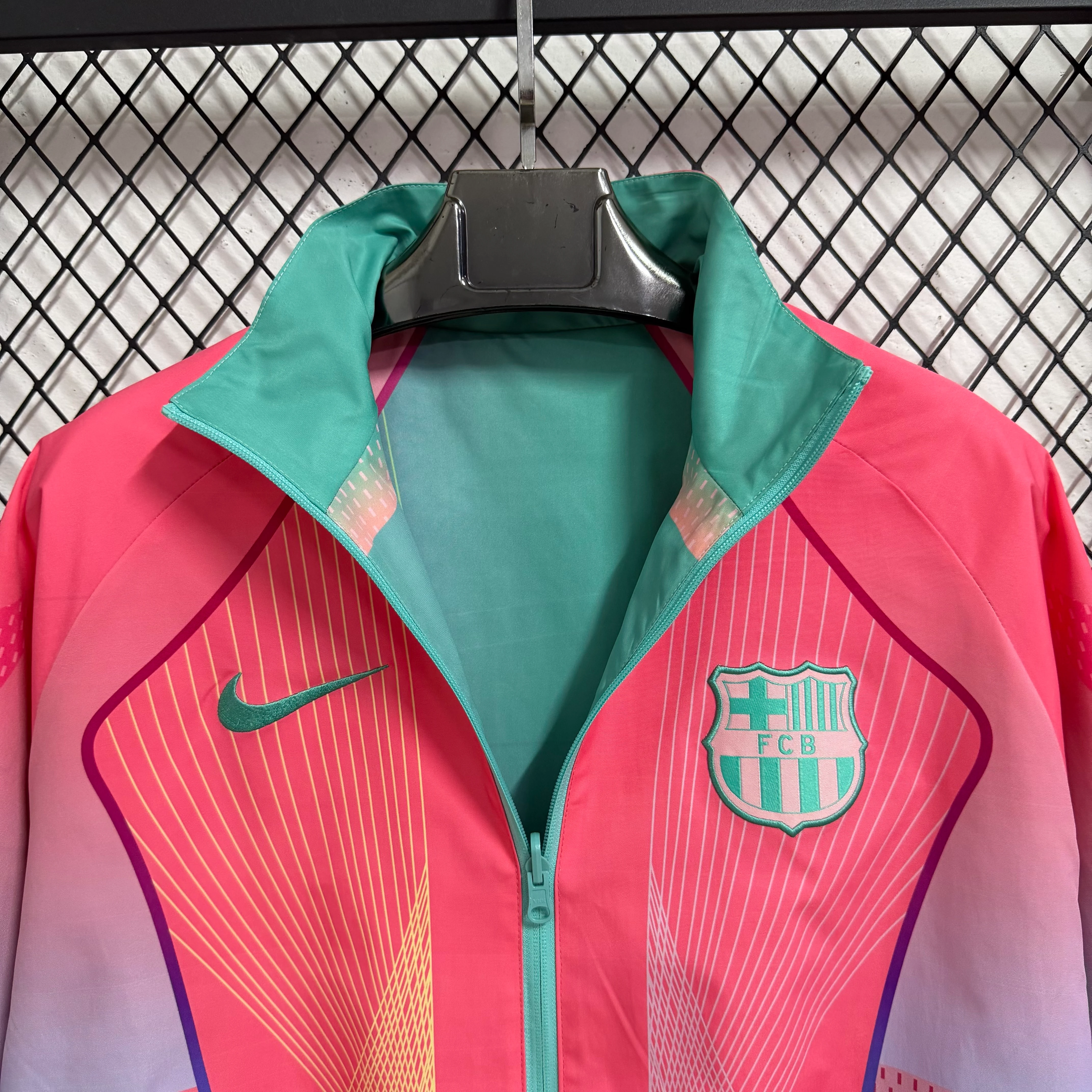 2025-26 Barcelona Pink-Green Special Edition Reversible Waterproof Windbreaker view 8