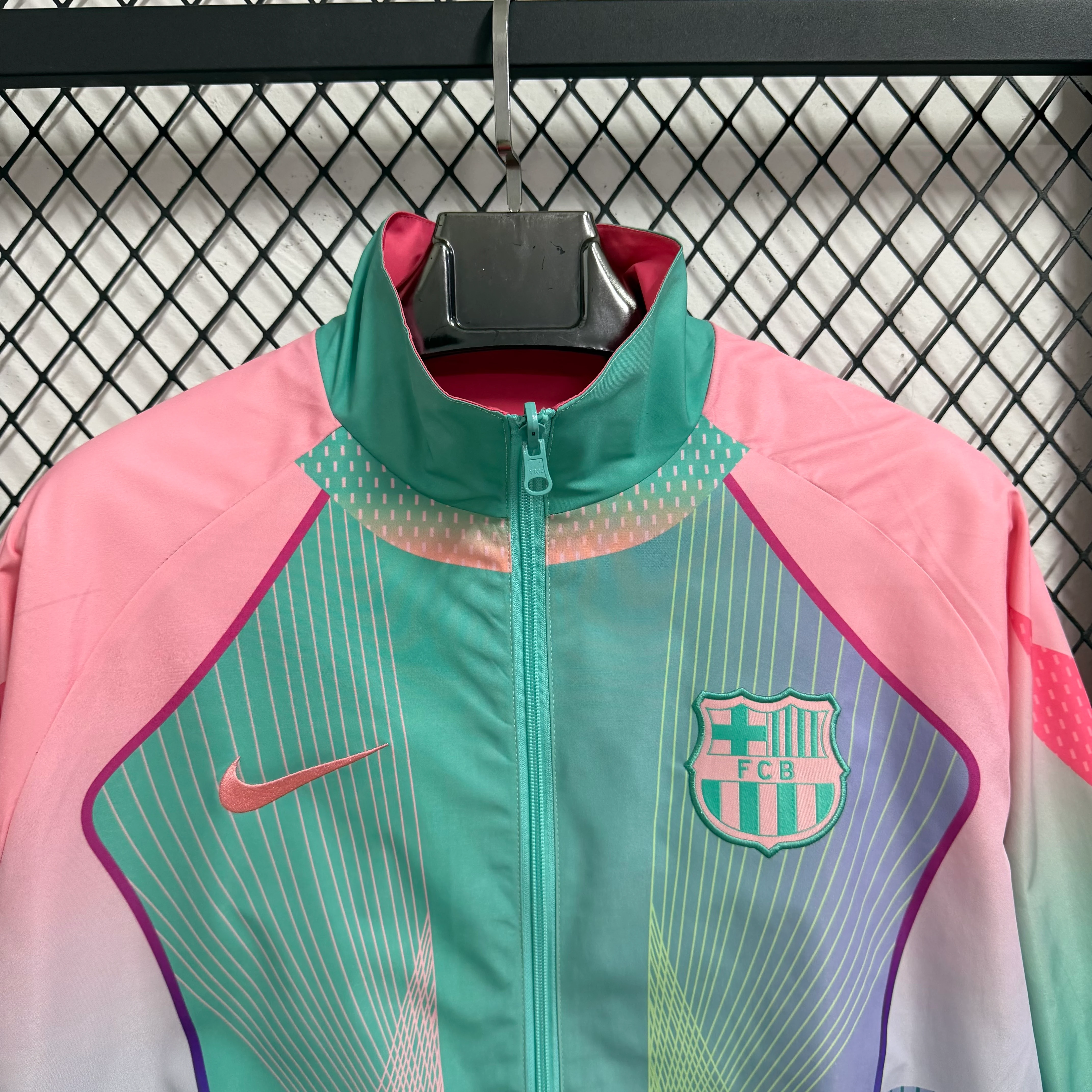 2025-26 Barcelona Pink-Green Special Edition Reversible Waterproof Windbreaker view 13