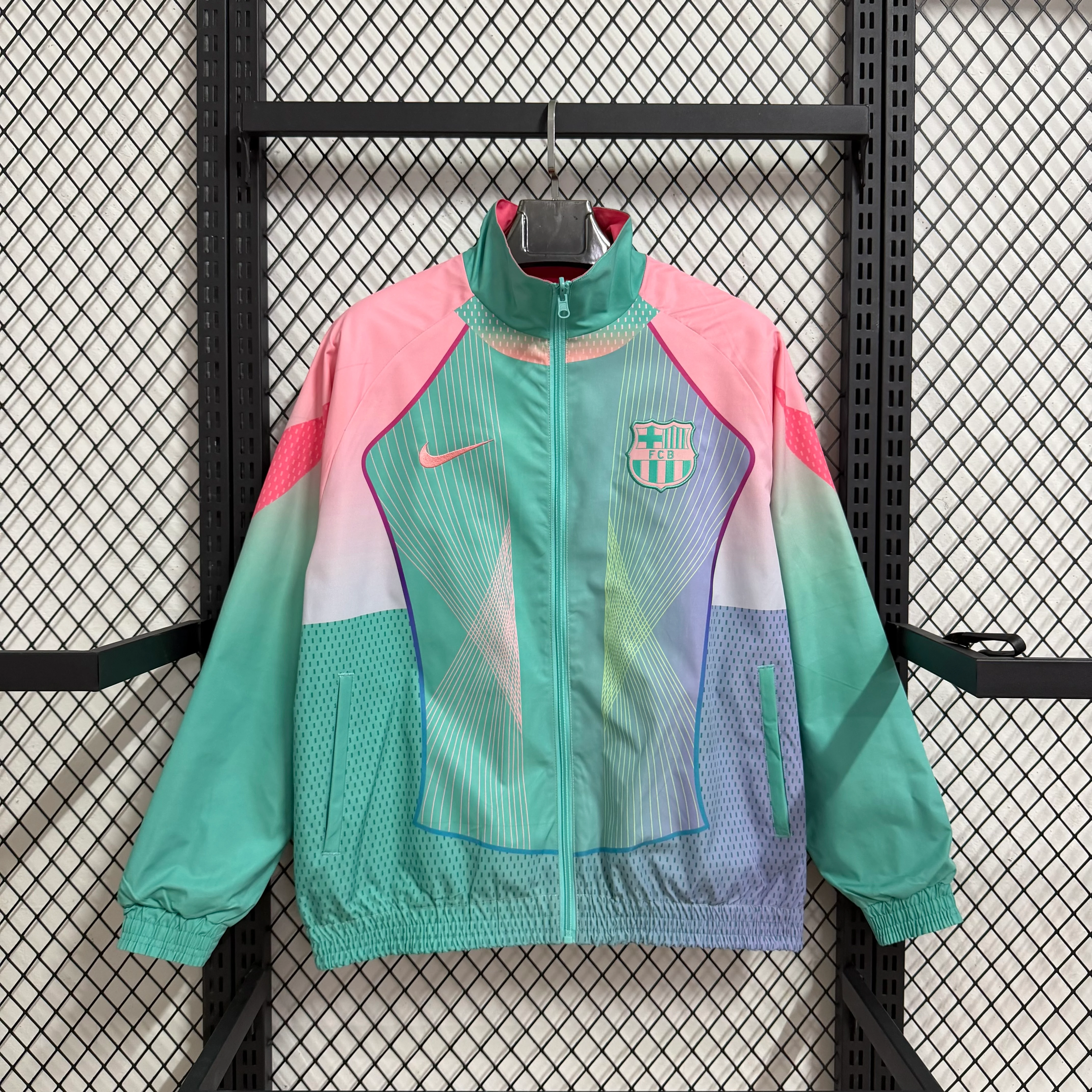 2025-26 Barcelona Pink-Green Special Edition Reversible Waterproof Windbreaker view 4