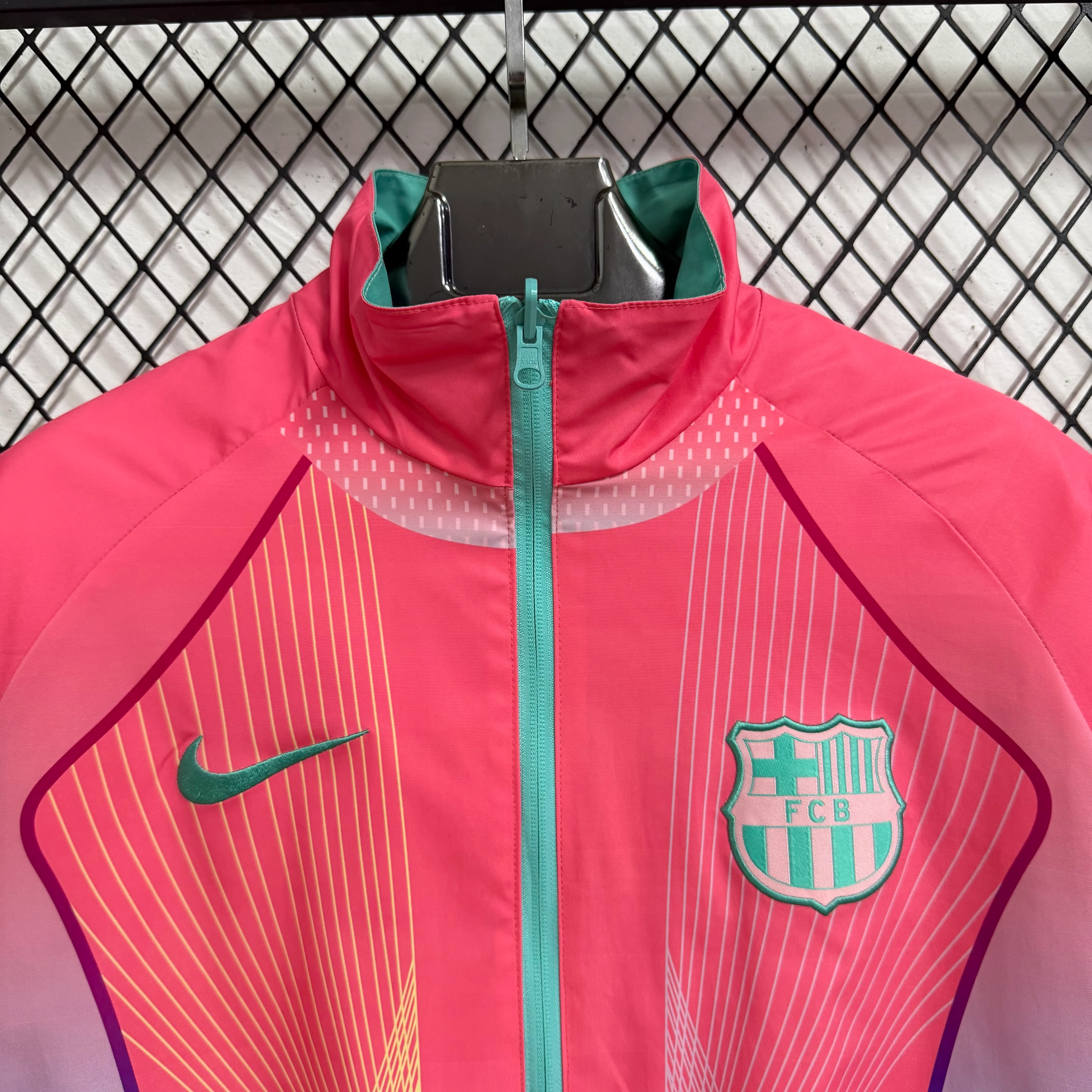 2025-26 Barcelona Pink-Green Special Edition Reversible Waterproof Windbreaker view 6