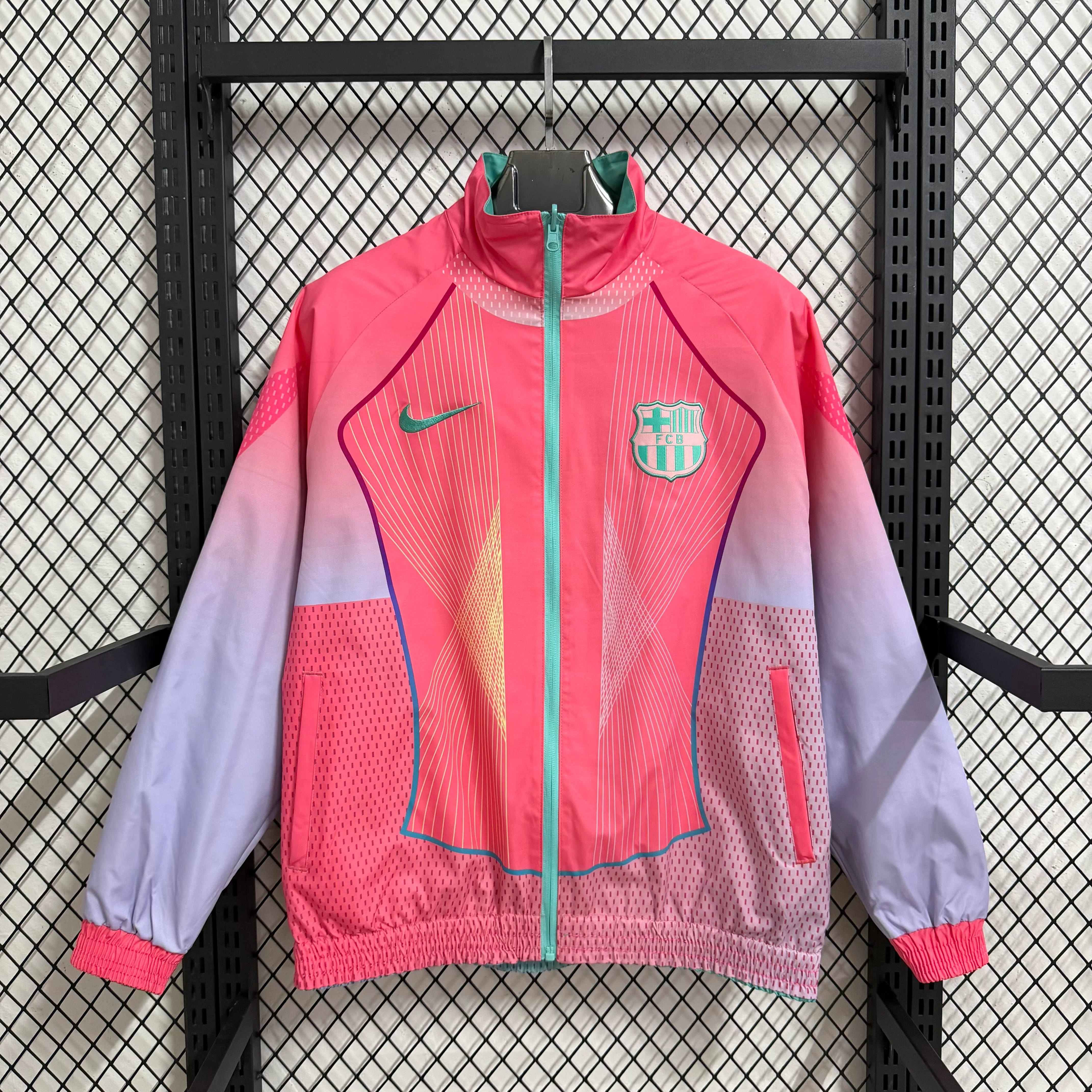 2025-26 Barcelona Pink-Green Special Edition Reversible Waterproof Windbreaker view 2