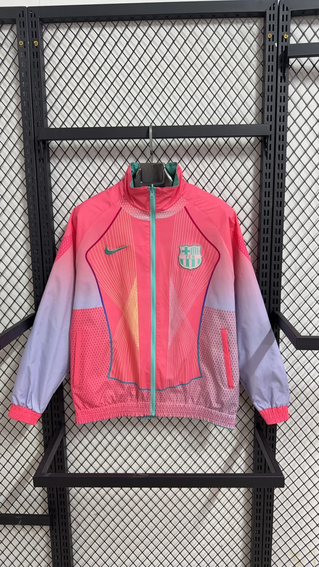 2025-26 Barcelona Pink-Green Special Edition Reversible Waterproof Windbreaker view 9