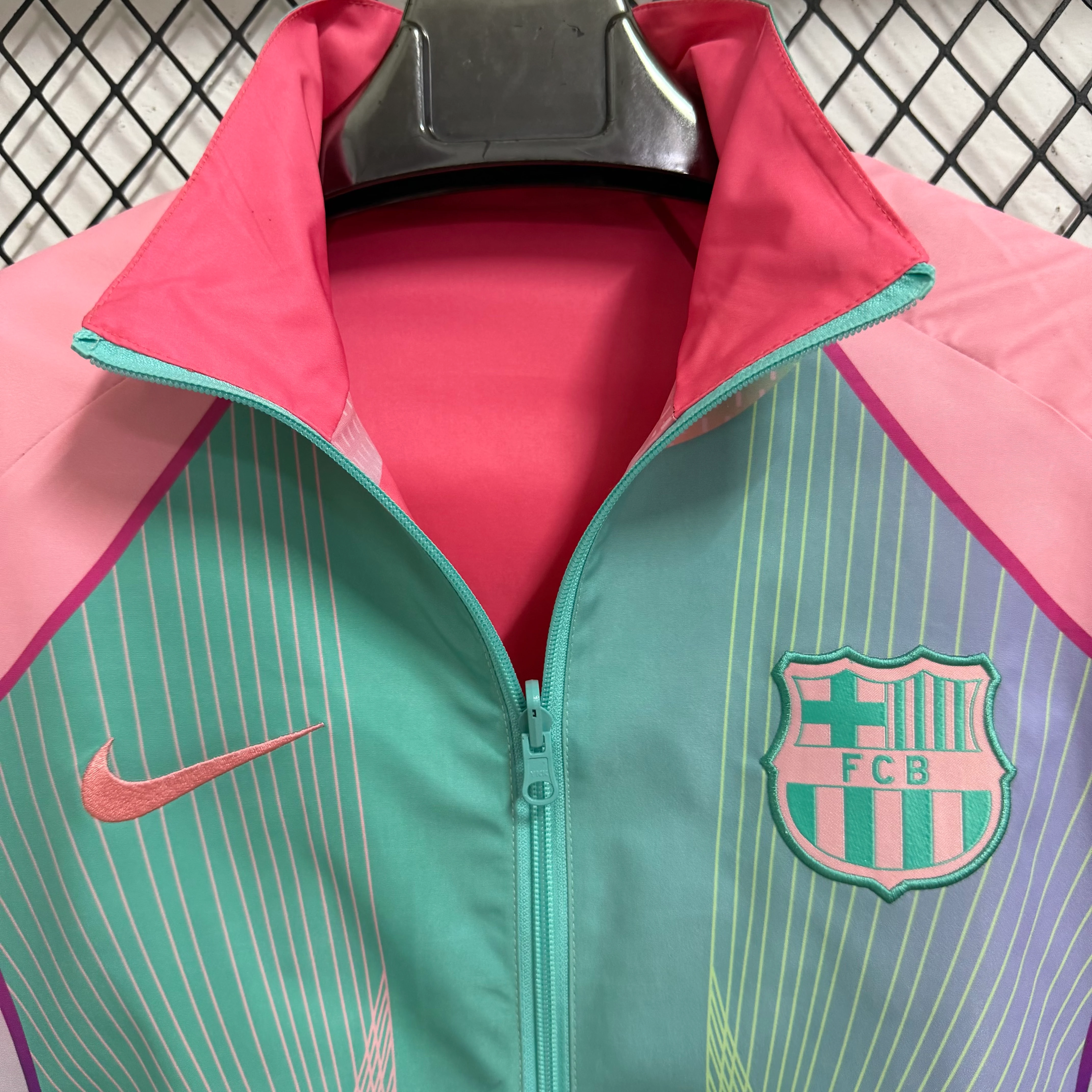 2025-26 Barcelona Pink-Green Special Edition Reversible Waterproof Windbreaker view 10