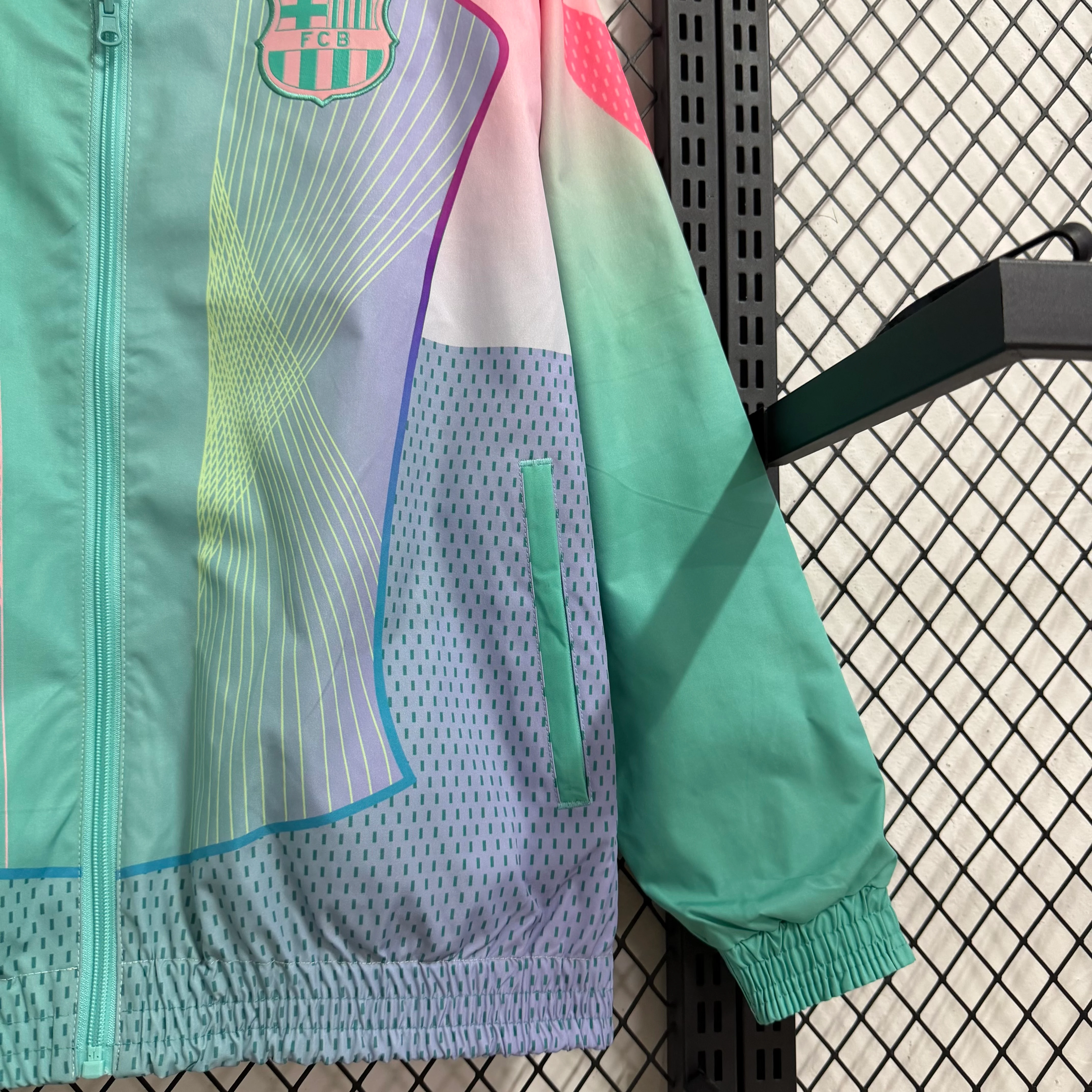 2025-26 Barcelona Pink-Green Special Edition Reversible Waterproof Windbreaker view 12